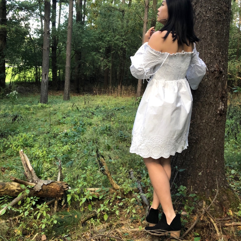 White Cotton bell sleeved off shoulder  dress